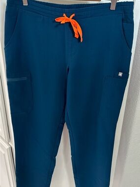 Figs Dark Teal Blue Jogger Scrub Pants with Orange Drawstring